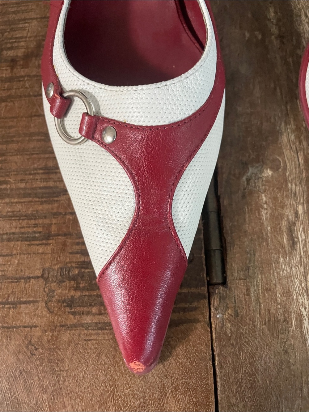 Aldo Red and White Pointed Slingback Pumps with Ring Detail - Picture 2 of 8